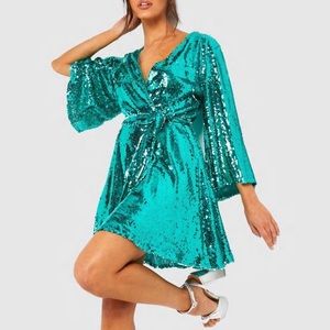Blue-green Sequin Wrap Dress